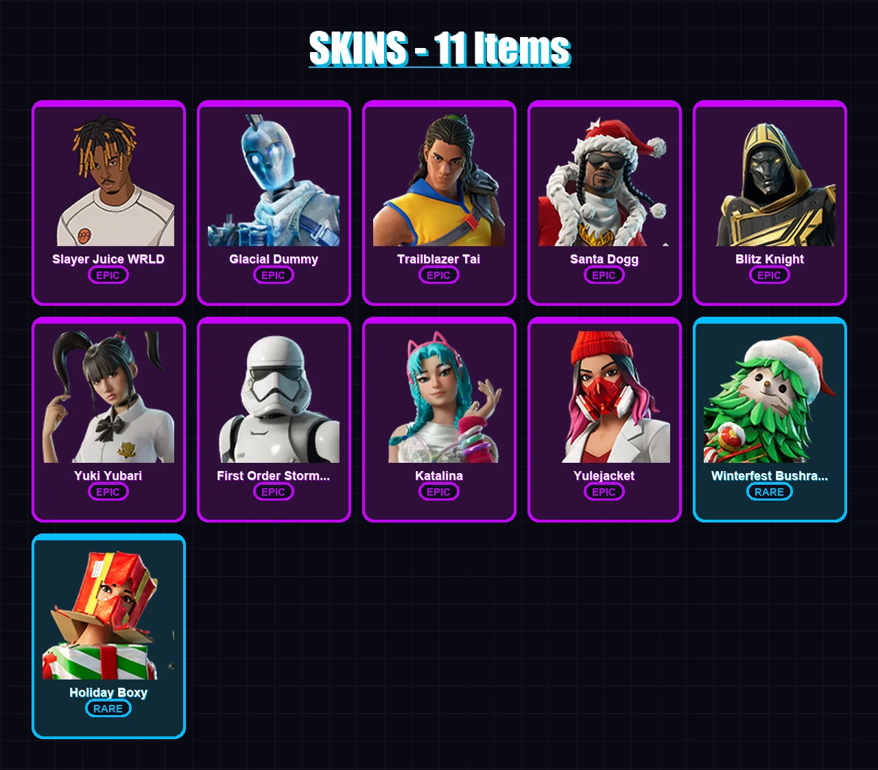 [PC/PSN] | Slayer Juice WRLD | Glacial Dummy | Trailblazer Tai | Santa Dogg | Blitz Knight | 11 skin | 55 pickaxe | 16 emote | 29 glider | Lv282