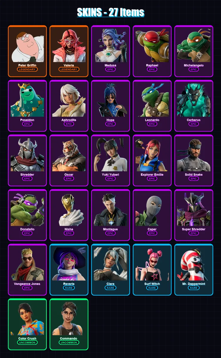 [PS4/PS5/XBOX/PC] | Peter Griffin | Valeria | Medusa | Raphael | Michelangelo | 27 skin | 49 pickaxe | 32 emote | 33 glider | Lv354