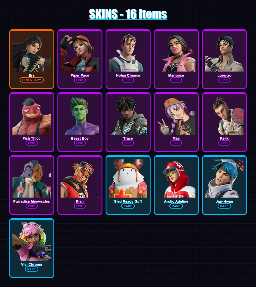 [PS4/PS5/XBOX/PC] | Era | Piper Pace | Nolan Chance | Mariposa | Lorenzo | 16 skin | 18 pickaxe | 13 emote | 16 glider | Lv165