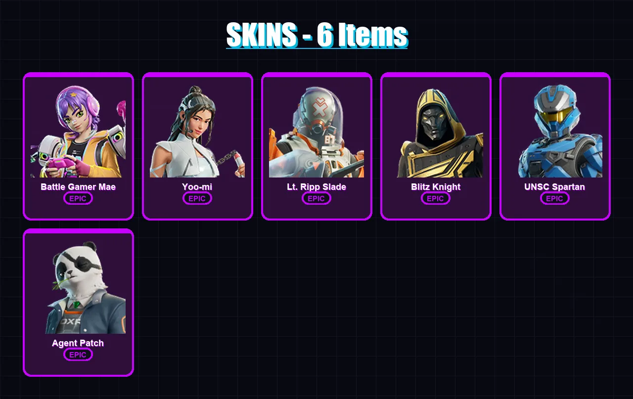 [PC/XBOX/PSN] | Battle Gamer Mae | Yoo-mi | Lt. Ripp Slade | Blitz Knight | UNSC Spartan | 6 skin | 26 pickaxe | 17 emote | 22 glider | Lv320