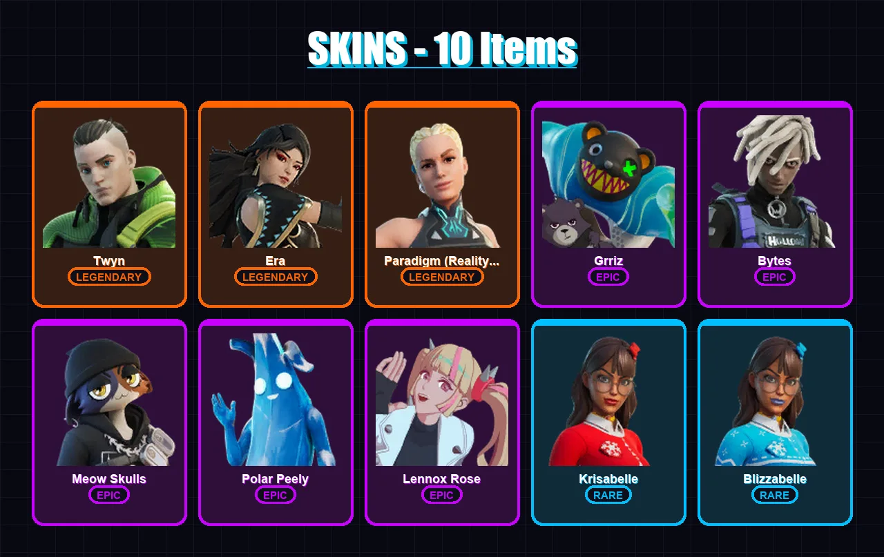 [PC/XBOX/PSN] | Twyn | Era | Paradigm (Reality-659) | Grriz | Bytes | 10 skin | 17 pickaxe | 15 emote | 17 glider | Lv315 — Fortnite account