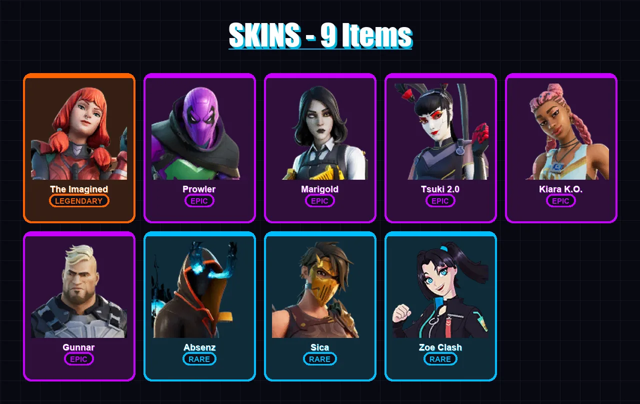 [PC/XBOX] | The Imagined | Prowler | Marigold | Tsuki 2.0 | Kiara K.O. | 9 skin | 13 pickaxe | 10 emote | 15 glider | Lv138