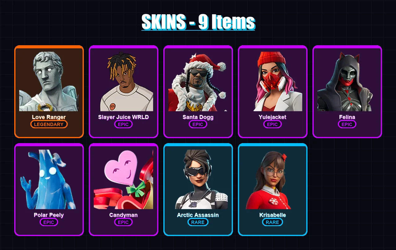 [PC/XBOX] | Love Ranger | Slayer Juice WRLD | Santa Dogg | Yulejacket | Felina | 9 skin | 25 pickaxe | 14 emote | 21 glider | Lv272