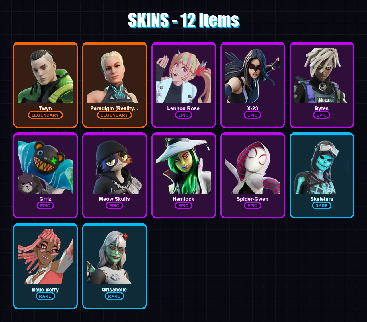 [PS4/PS5/XBOX/PC] | Twyn | Paradigm (Reality-659) | Lennox Rose | X-23 | Bytes | 12 skin | 13 pickaxe | 13 emote | 12 glider | Lv140 — Fortnite account