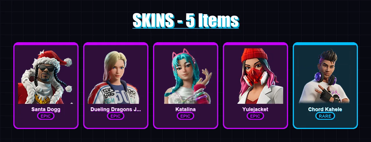 [PC/XBOX/PSN] | Santa Dogg | Dueling Dragons Jackie | Katalina | Yulejacket | Chord Kahele | 5 skin | 28 pickaxe | 9 emote | 14 glider | Lv126