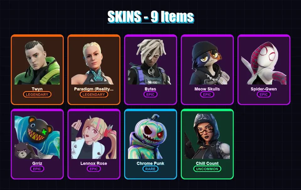 [PC/XBOX/PSN] | Twyn | Paradigm (Reality-659) | Bytes | Meow Skulls | Spider-Gwen | 9 skin | 15 pickaxe | 12 emote | 17 glider | Lv253 — main preview