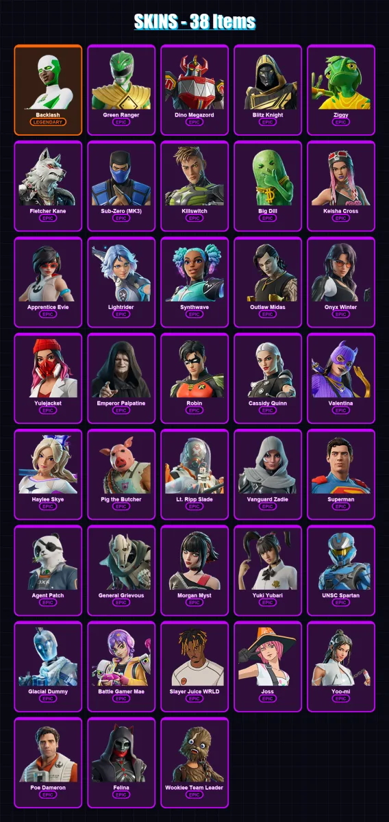 [PC/XBOX/PSN] | Backlash | Green Ranger | Dino Megazord | Blitz Knight | Ziggy | 38 skin | 101 pickaxe | 53 emote | 66 glider | Lv1444