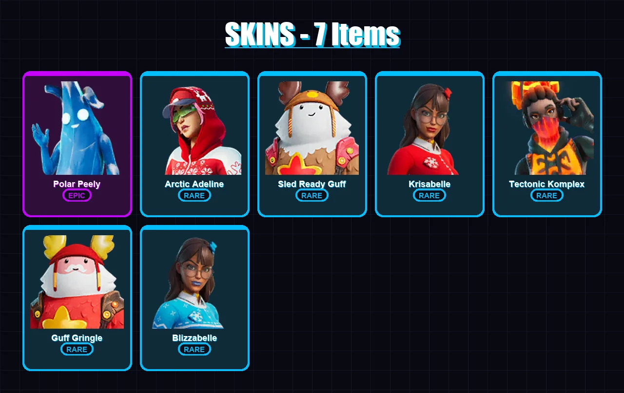 [PC/XBOX/PSN] | Polar Peely | Arctic Adeline | Sled Ready Guff | Krisabelle | Tectonic Komplex | 7 skin | 15 pickaxe | 15 emote | 12 glider | Lv150