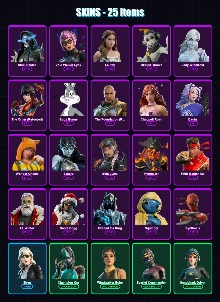 [PC/XBOX/PSN] | Skull Raider | Void Walker Lynx | Laufey | GHOST Monks | Lady Windfrost | 25 skin | 54 pickaxe | 25 emote | 36 glider | Lv384