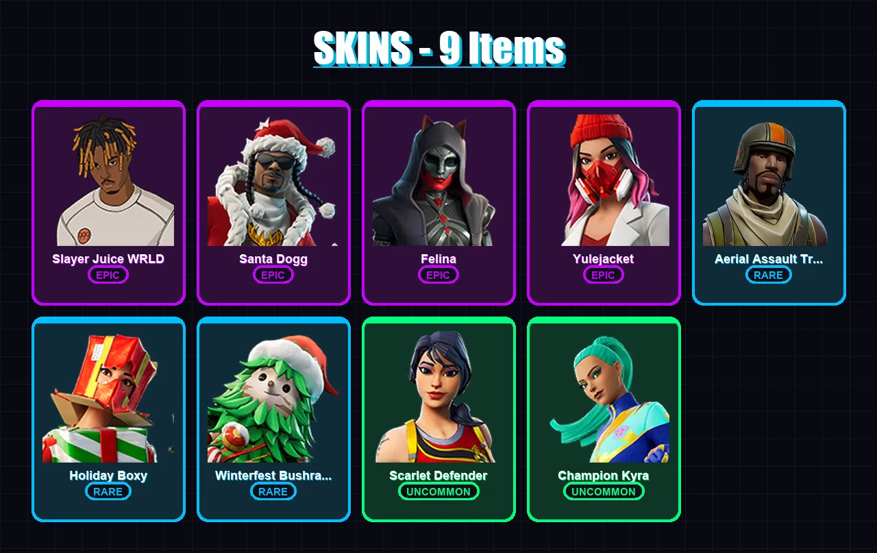 [PS4/PS5/XBOX/PC] | Slayer Juice WRLD | Santa Dogg | Felina | Yulejacket | Aerial Assault Trooper | 9 skin | 26 pickaxe | 19 emote | 20 glider | Lv4