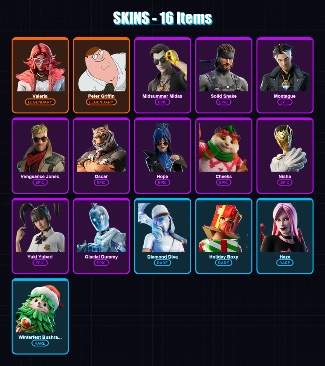 [PC/XBOX] | Valeria | Peter Griffin | Midsummer Midas | Solid Snake | Montague | 16 skin | 35 pickaxe | 16 emote | 23 glider | Lv284