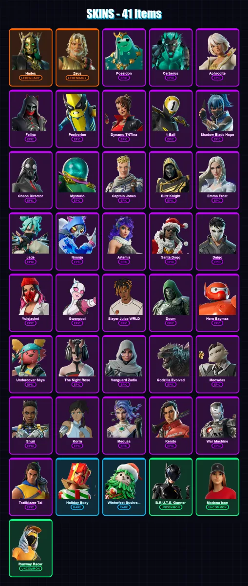 [PC/XBOX/PSN] | Hades | Zeus | Poseidon | Cerberus | Aphrodite | 41 skin | 85 pickaxe | 56 emote | 67 glider | Lv1149 — Fortnite account