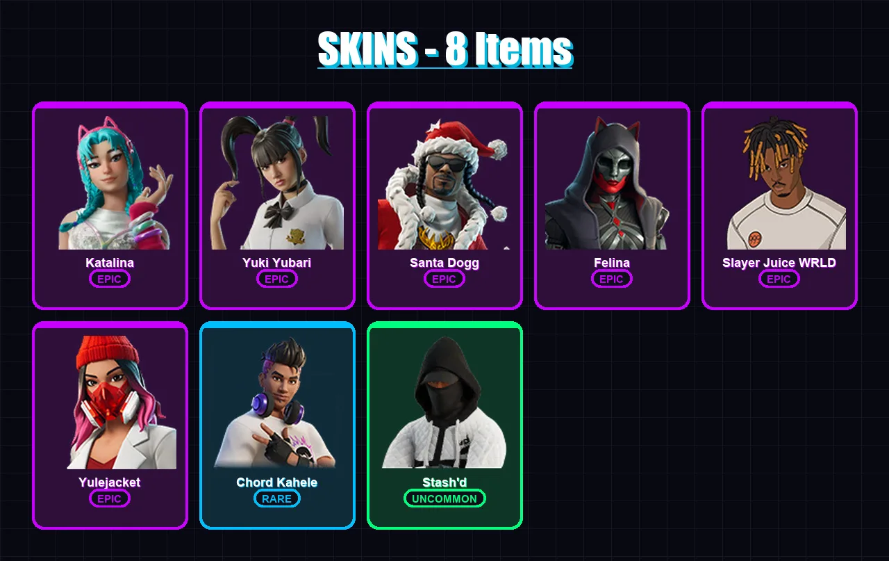[PC/PSN] | Katalina | Yuki Yubari | Santa Dogg | Felina | Slayer Juice WRLD | 8 skin | 45 pickaxe | 15 emote | 28 glider | Lv308