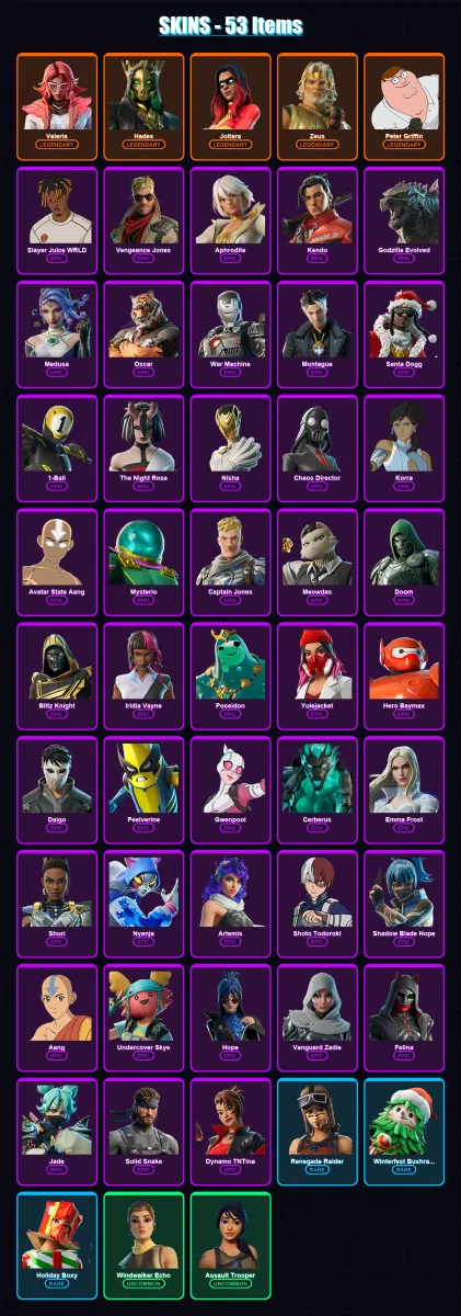 [PS4/PS5/XBOX/PC] | Valeria | Hades | Joltara | Zeus | Peter Griffin | 53 skin | 100 pickaxe | 69 emote | 69 glider | Lv1587