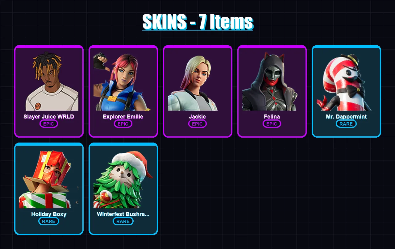 [PC/XBOX/PSN] | Slayer Juice WRLD | Explorer Emilie | Jackie | Felina | Mr. Dappermint | 7 skin | 44 pickaxe | 28 emote | 35 glider | Lv548