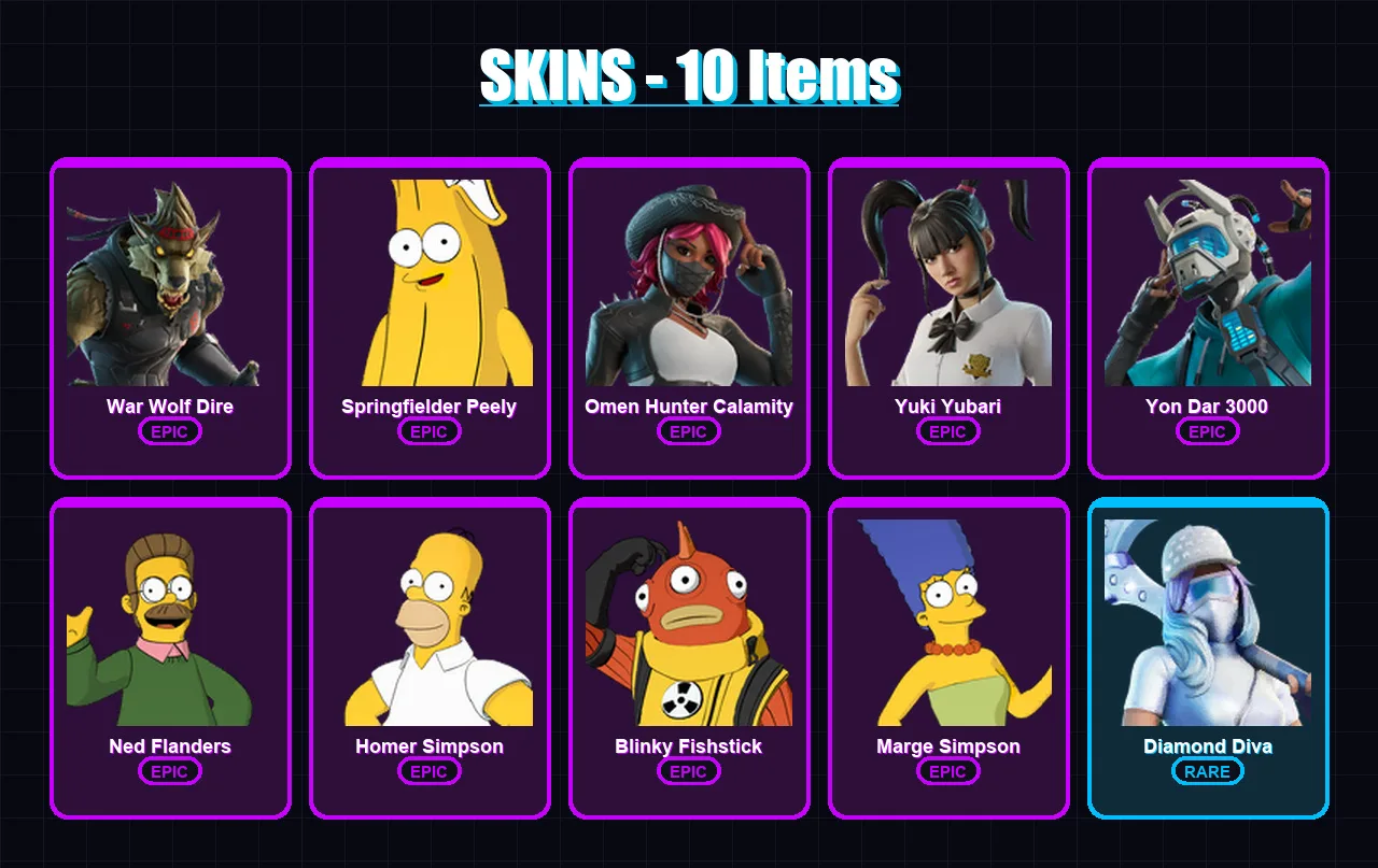 [PC/XBOX/PSN] | War Wolf Dire | Springfielder Peely | Omen Hunter Calamity | 10 skin | Lv126