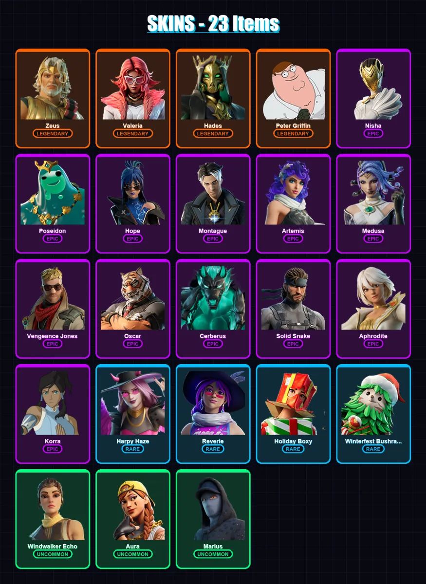 [PC/XBOX/PSN] | Zeus | Valeria | Hades | Peter Griffin | Nisha | 23 skin | 30 pickaxe | 23 emote | 24 glider | Lv339