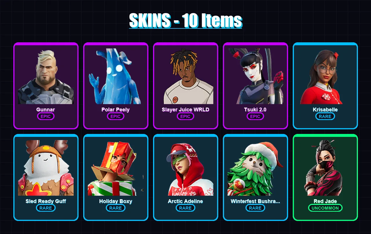 [PC/XBOX] | Gunnar | Polar Peely | Slayer Juice WRLD | Tsuki 2.0 | Krisabelle | 10 skin | 17 pickaxe | 7 emote | 17 glider | Lv143