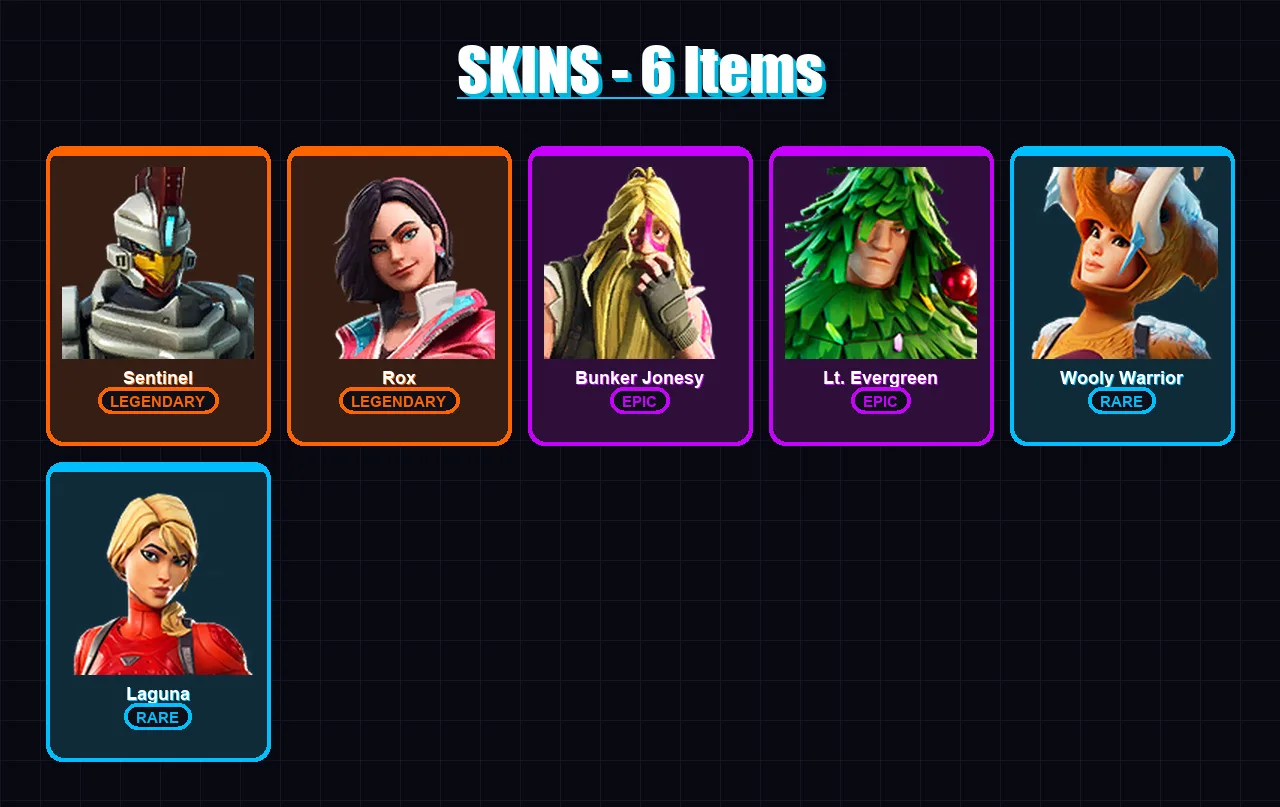 [PC/XBOX/PSN] | Sentinel | Rox | Bunker Jonesy | Lt. Evergreen | Wooly Warrior | 6 skin | 5 pickaxe | 7 emote | 7 glider | Lv57