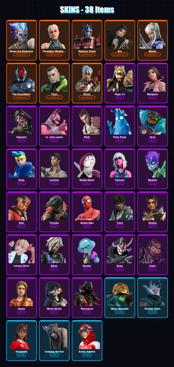 [PC/XBOX] | Renzo the Destroyer | Paradigm (Reality-659) | Optimus Prime | Era | Mizuki | 38 skin | 63 pickaxe | 34 emote | 59 glider | Lv768
