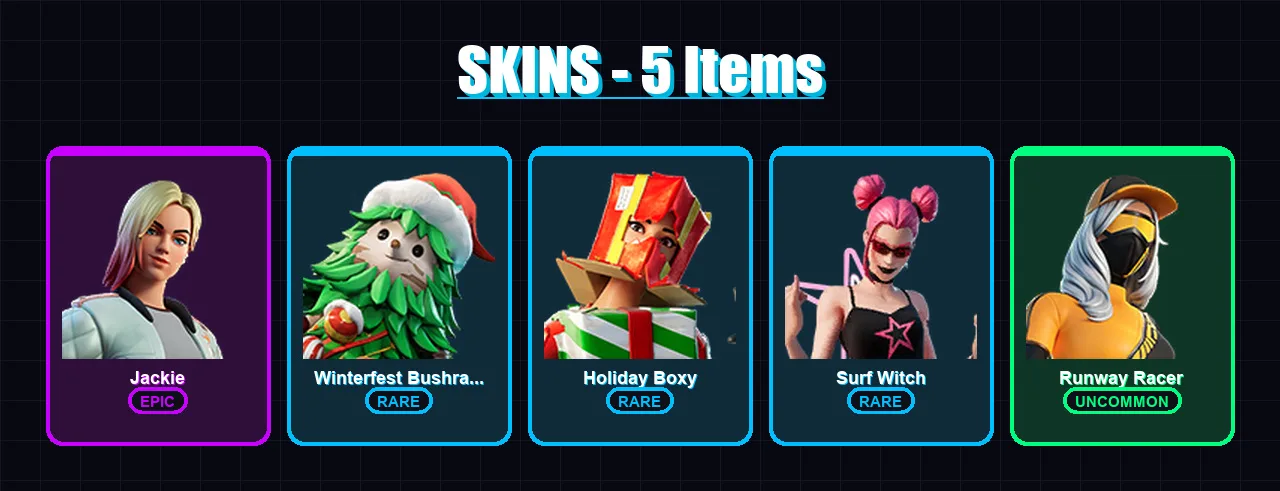[PC] | Jackie | Winterfest Bushranger | Holiday Boxy | Surf Witch | Runway Racer | 5 skin | 33 pickaxe | 13 emote | 28 glider | Lv613