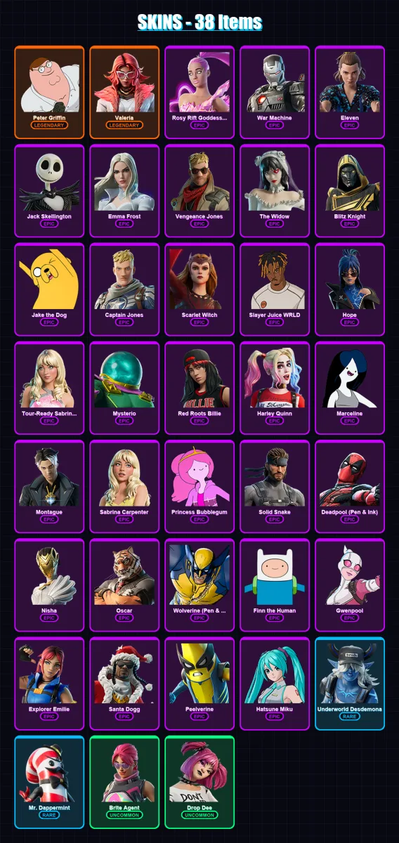 [PC/XBOX/PSN] | Peter Griffin | Valeria | Rosy Rift Goddess Ariana | War Machine | Eleven | 38 skin | 84 pickaxe | 73 emote | 50 glider | Lv704