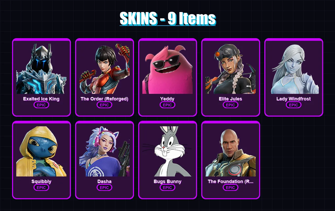 [PC/XBOX/PSN] | Exalted Ice King | The Order (Reforged) | Yeddy | Elite Jules | Lady Windfrost | 9 skin | 34 pickaxe | 18 emote | 27 glider | Lv334