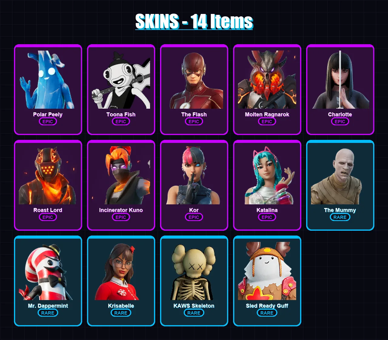 [PC/XBOX/PSN] | Polar Peely | Toona Fish | The Flash | Molten Ragnarok | Charlotte | 14 skin | 13 pickaxe | 14 emote | 10 glider | Lv126