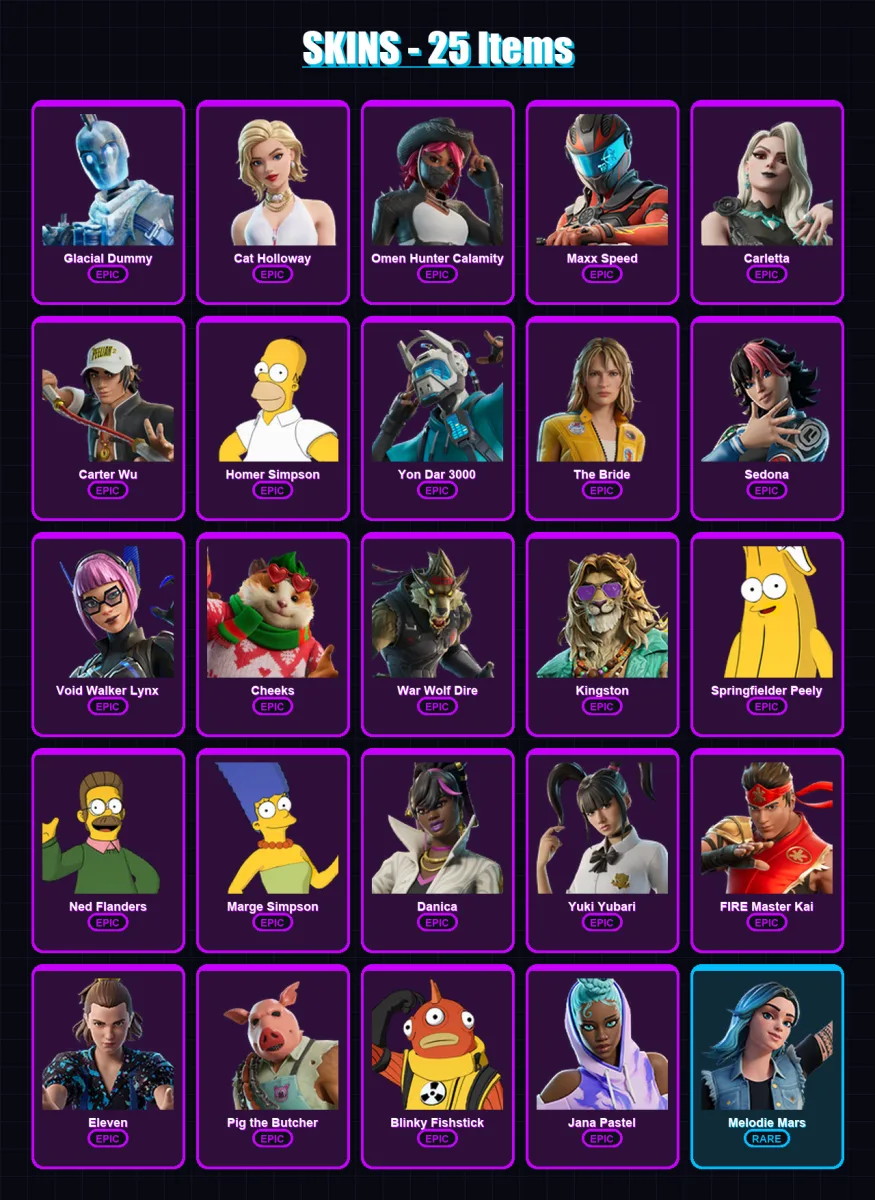 [PC/XBOX/PSN] | Glacial Dummy | Cat Holloway | Omen Hunter Calamity | Maxx Speed | Carletta | 25 skin | 43 pickaxe | 25 emote | 18 glider | Lv356 — Fortnite account