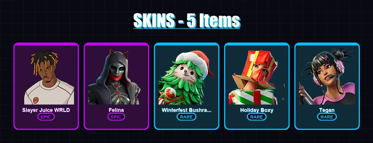 [PC/XBOX/PSN] | Slayer Juice WRLD | Felina | Winterfest Bushranger | Holiday Boxy | Tegan | 5 skin | 17 pickaxe | 10 emote | 17 glider | Lv165