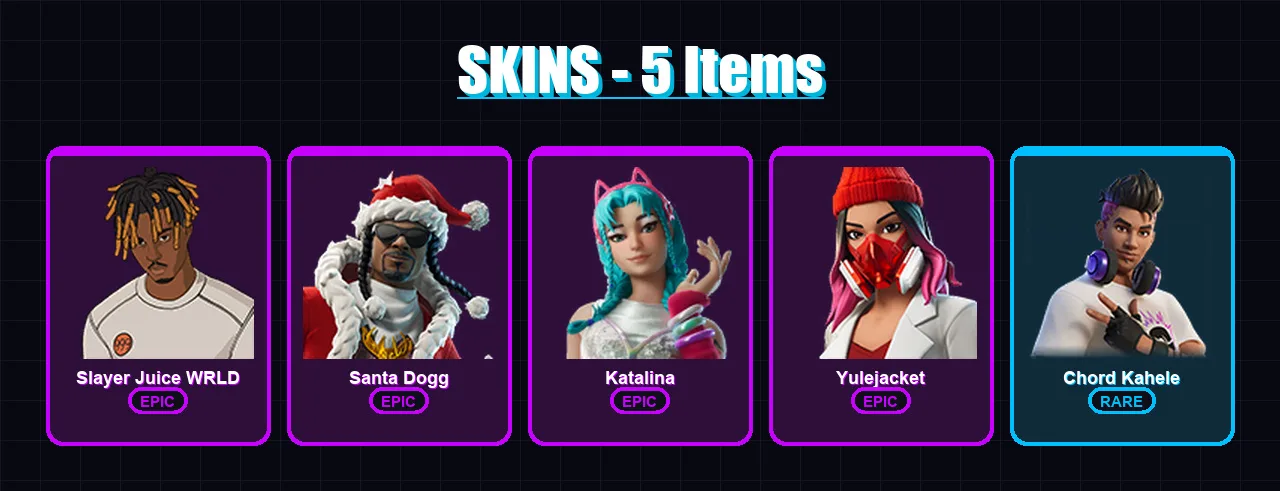 [PC/XBOX/PSN] | Slayer Juice WRLD | Santa Dogg | Katalina | Yulejacket | Chord Kahele | 5 skin | 13 pickaxe | 7 emote | 9 glider | Lv90