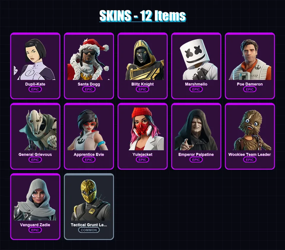 [PS4/PS5/XBOX/PC] | Dupli-Kate | Santa Dogg | Blitz Knight | Marshmello | Poe Dameron | 12 skin | 41 pickaxe | 22 emote | 26 glider | Lv334 — main preview