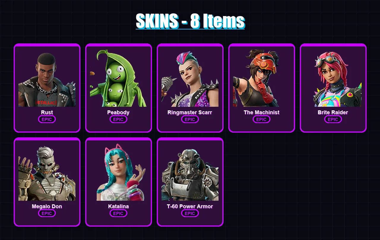 [PC/XBOX/PSN] | Rust | Peabody | Ringmaster Scarr | The Machinist | Brite Raider | 8 skin | 17 pickaxe | 11 emote | 17 glider | Lv266