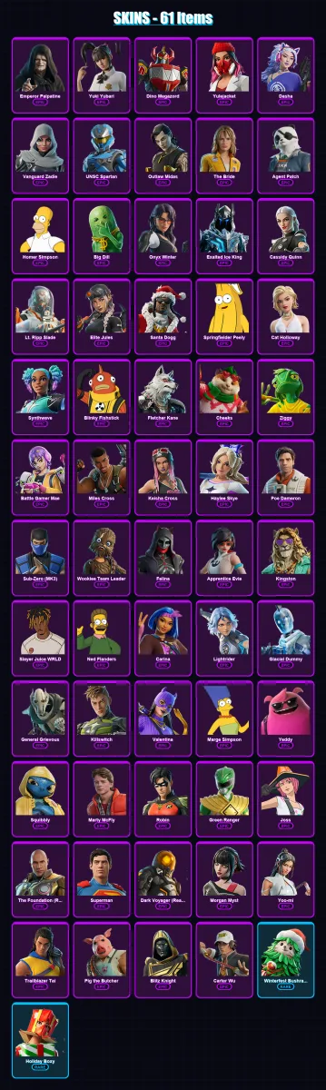 [SWITCH/XBOX/PSN/PC] | Emperor Palpatine | Yuki Yubari | Dino Megazord | Yulejacket | Dasha | 61 skin | 119 pickaxe | 74 emote | 86 glider | Lv1764
