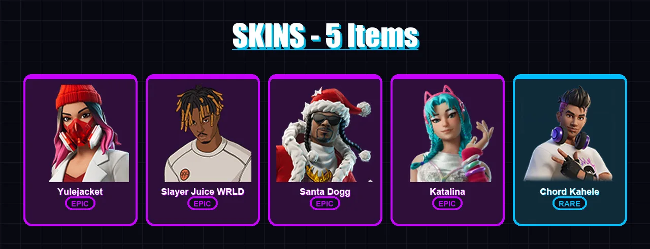 [PC/XBOX/PSN] | Yulejacket | Slayer Juice WRLD | Santa Dogg | Katalina | Chord Kahele | 5 skin | 12 pickaxe | 7 emote | 10 glider | Lv85