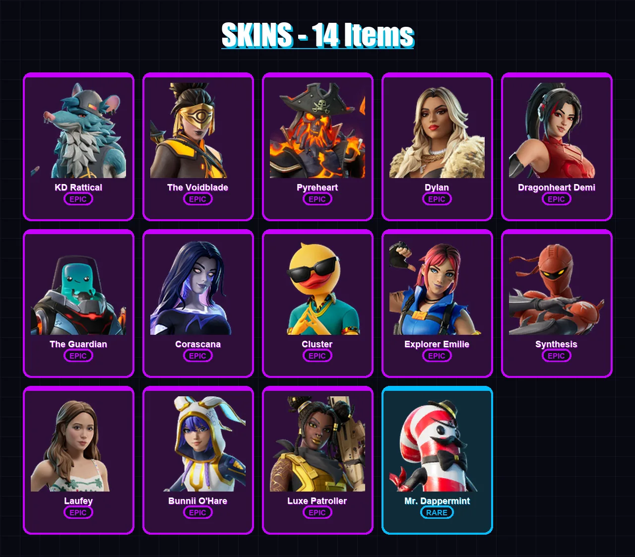 [PC/XBOX/PSN] | KD Rattical | The Voidblade | Pyreheart | Dylan | Dragonheart Demi | 14 skin | 26 pickaxe | 12 emote | 17 glider | Lv116