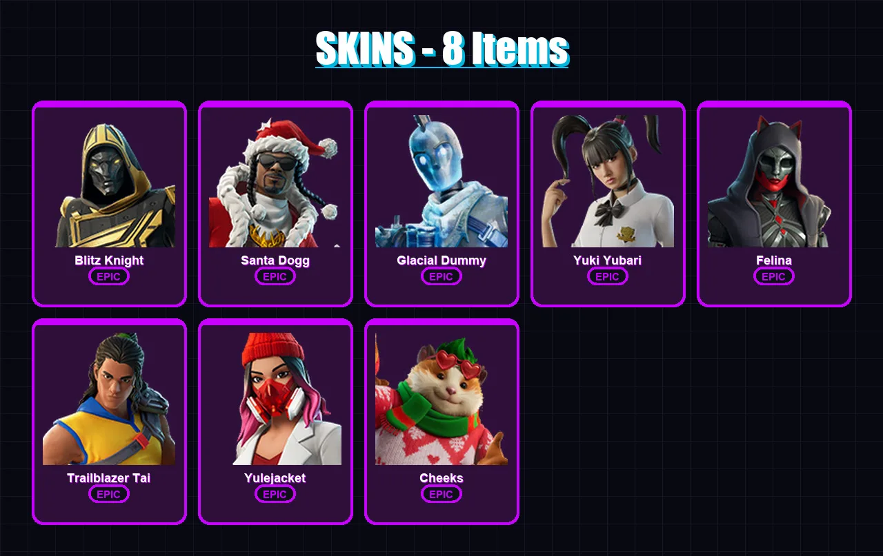 [PC/XBOX/PSN] | Blitz Knight | Santa Dogg | Glacial Dummy | Yuki Yubari | Felina | 8 skin | 45 pickaxe | 16 emote | 28 glider | Lv344