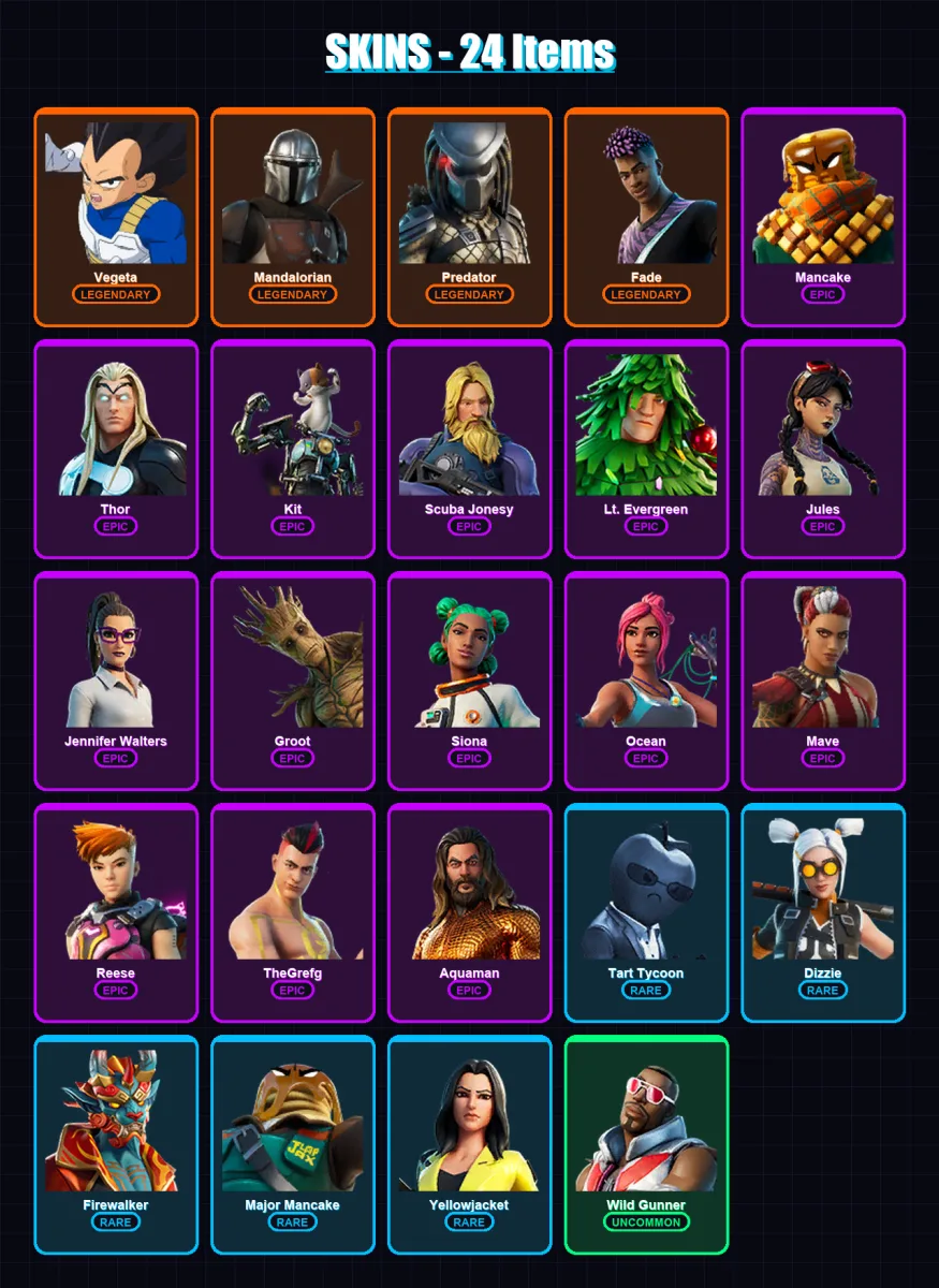 [PC/XBOX/PSN] | Vegeta | Mandalorian | Predator | Fade | Mancake | 24 skin | 36 pickaxe | 26 emote | 35 glider | Lv496 — Fortnite account