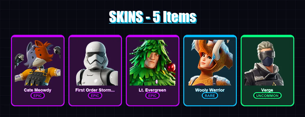[PC/PSN] | Cate Meowdy | First Order Stormtrooper | Lt. Evergreen | Wooly Warrior | Verge | 5 skin | 11 pickaxe | 9 emote | 14 glider | Lv161 — Game account