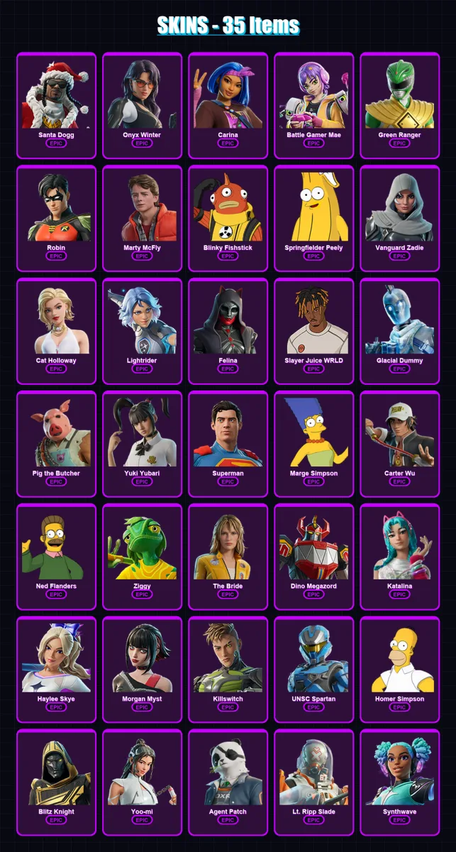 [PC/XBOX] | Santa Dogg | Onyx Winter | Carina | Battle Gamer Mae | Green Ranger | 35 skin | 88 pickaxe | 45 emote | 52 glider | Lv864