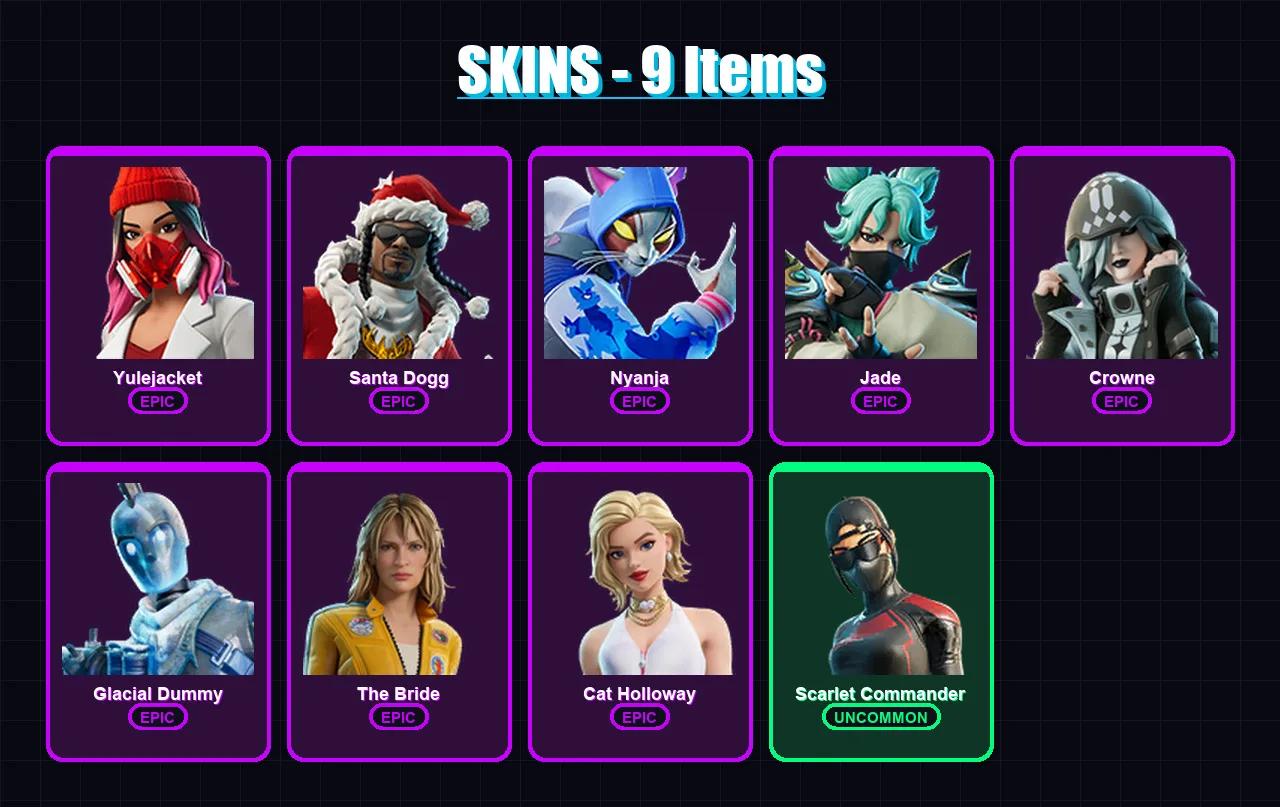 [PC/PSN] | Yulejacket | Santa Dogg | Nyanja | Jade | Crowne | 9 skin | 18 pickaxe | 9 emote | 12 glider | Lv68