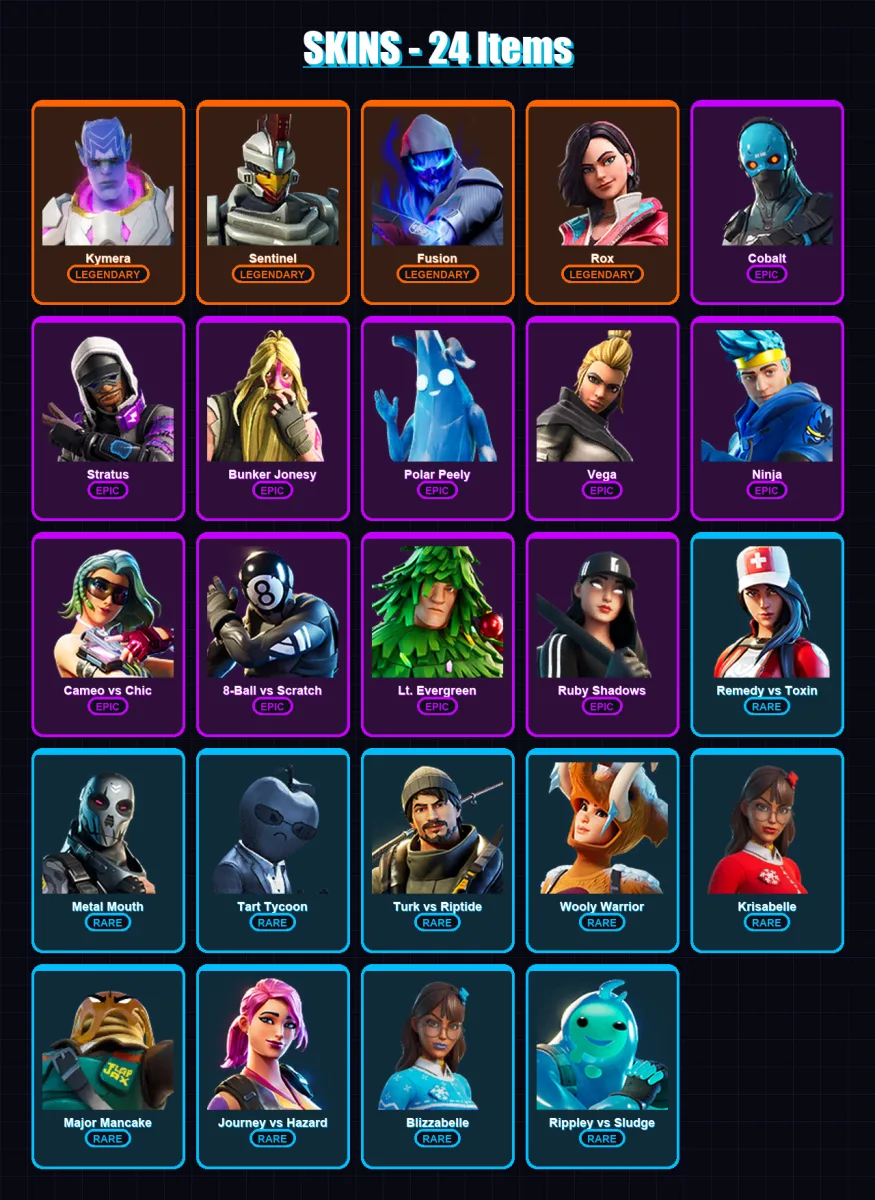 [PC/XBOX/PSN] | Kymera | Sentinel | Fusion | Rox | Cobalt | 24 skin | 33 pickaxe | 46 emote | 35 glider | Lv666