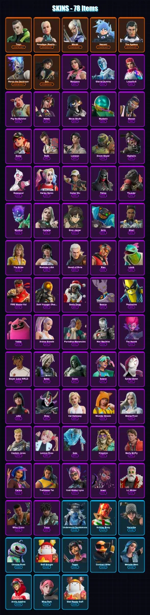 [PC] | Twyn | Paradigm (Reality-659) | Mizuki | Nezumi | The Ageless | 78 skin | 92 pickaxe | 65 emote | 69 glider | Lv849