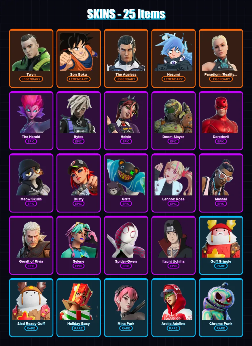 [SWITCH/PSN/PC] | Twyn | Son Goku | The Ageless | Nezumi | Paradigm (Reality-659) | 25 skin | 37 pickaxe | 41 emote | 40 glider | Lv641