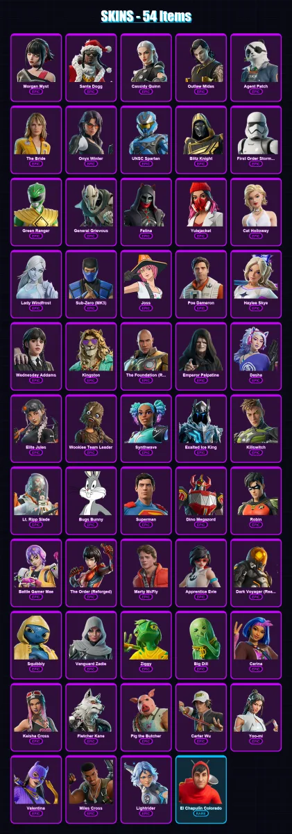 [PS4/PS5/XBOX/PC] | Morgan Myst | Santa Dogg | Cassidy Quinn | Outlaw Midas | Agent Patch | 54 skin | 117 pickaxe | 77 emote | 77 glider | Lv1389
