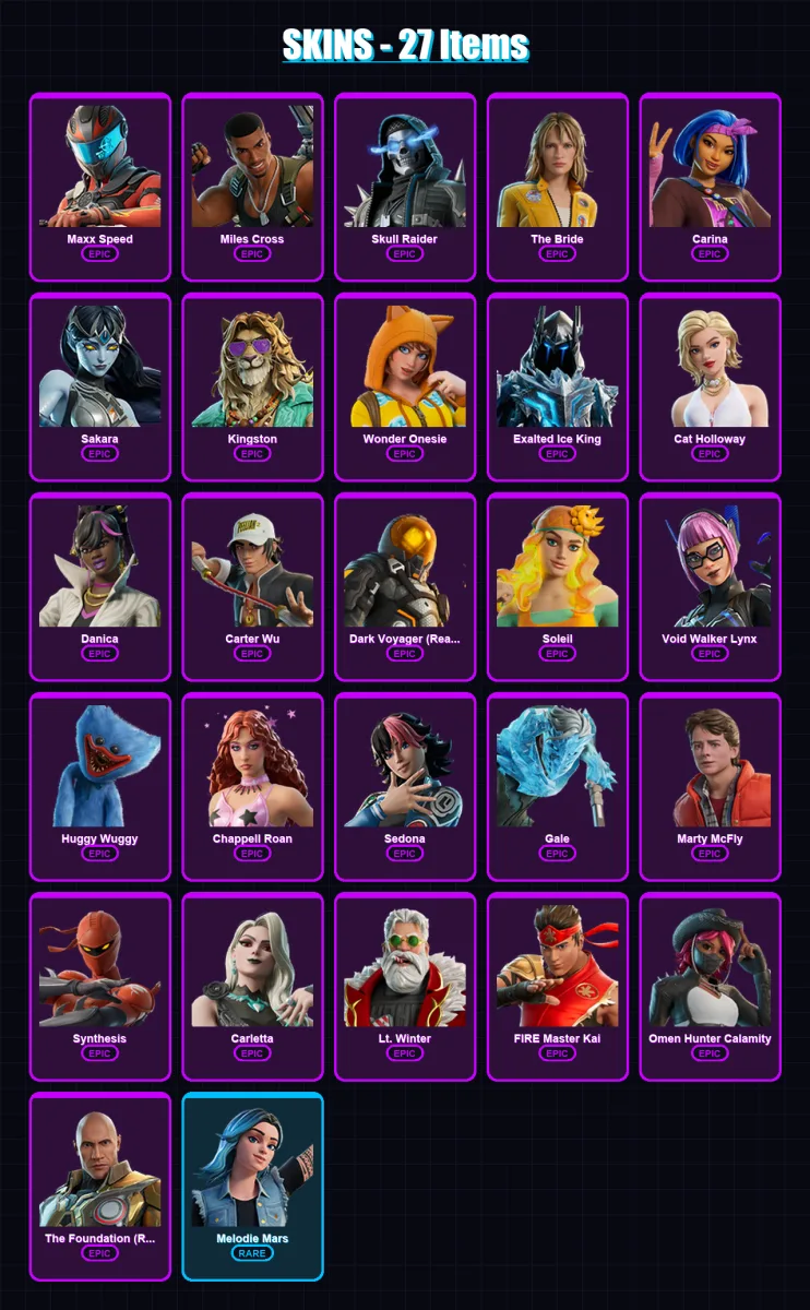 [PC/PSN] | Maxx Speed | Miles Cross | Skull Raider | The Bride | Carina | 27 skin | 31 pickaxe | 20 emote | 20 glider | Lv222