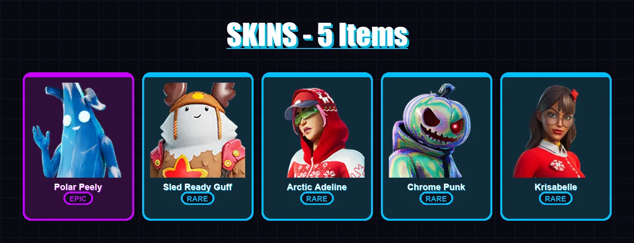 [PS4/PS5/XBOX/PC] | Polar Peely | Sled Ready Guff | Arctic Adeline | Chrome Punk | Krisabelle | 5 skin | 31 pickaxe | 28 emote | 37 glider | Lv964