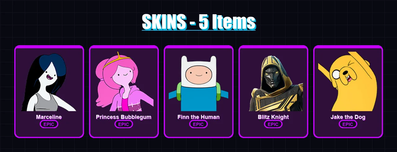 [PC/XBOX/PSN] | Marceline | Princess Bubblegum | Finn the Human | Blitz Knight | Jake the Dog | 5 skin | 16 pickaxe | 4 emote | 7 glider | Lv62