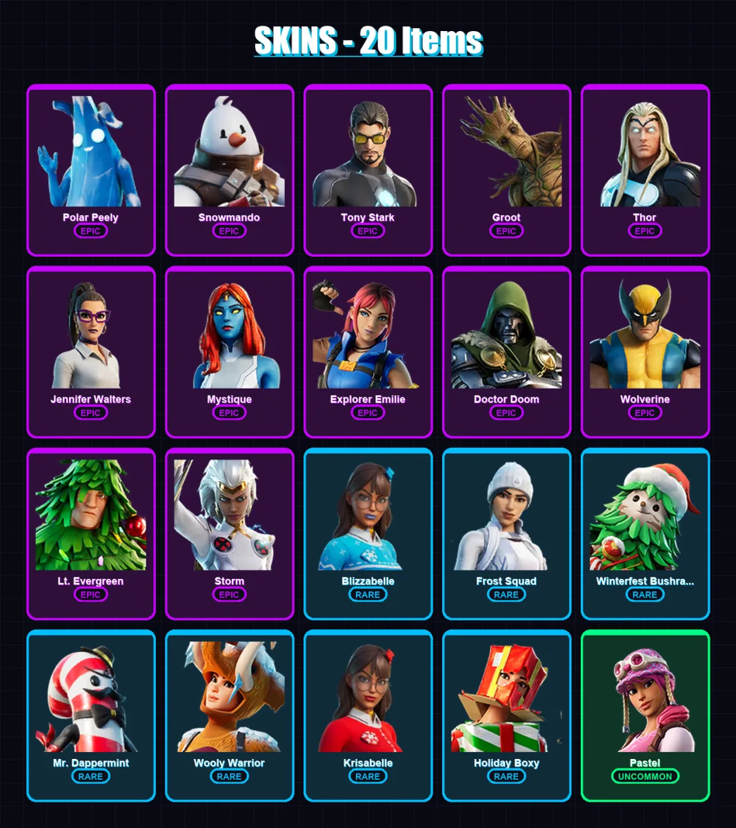 [PC/XBOX/PSN] | Polar Peely | Snowmando | Tony Stark | Groot | Thor | 20 skin | 27 pickaxe | 27 emote | 29 glider | Lv512