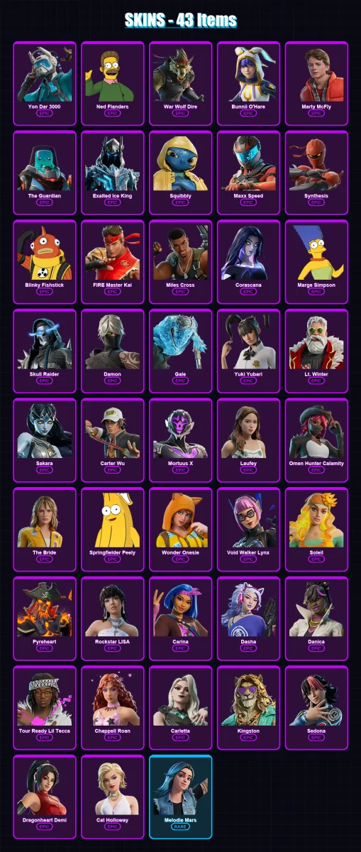 [PC/PSN] | Yon Dar 3000 | Ned Flanders | War Wolf Dire | Bunnii O'Hare | Marty McFly | 43 skin | 51 pickaxe | 30 emote | 24 glider | Lv171